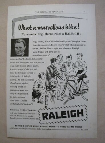 REG HARRIS RIDES A RALEIGH BICYCLE 1950'S  ORIGINAL VINTAGE ADVERT - COLLECTIBLE - Afbeelding 1 van 1