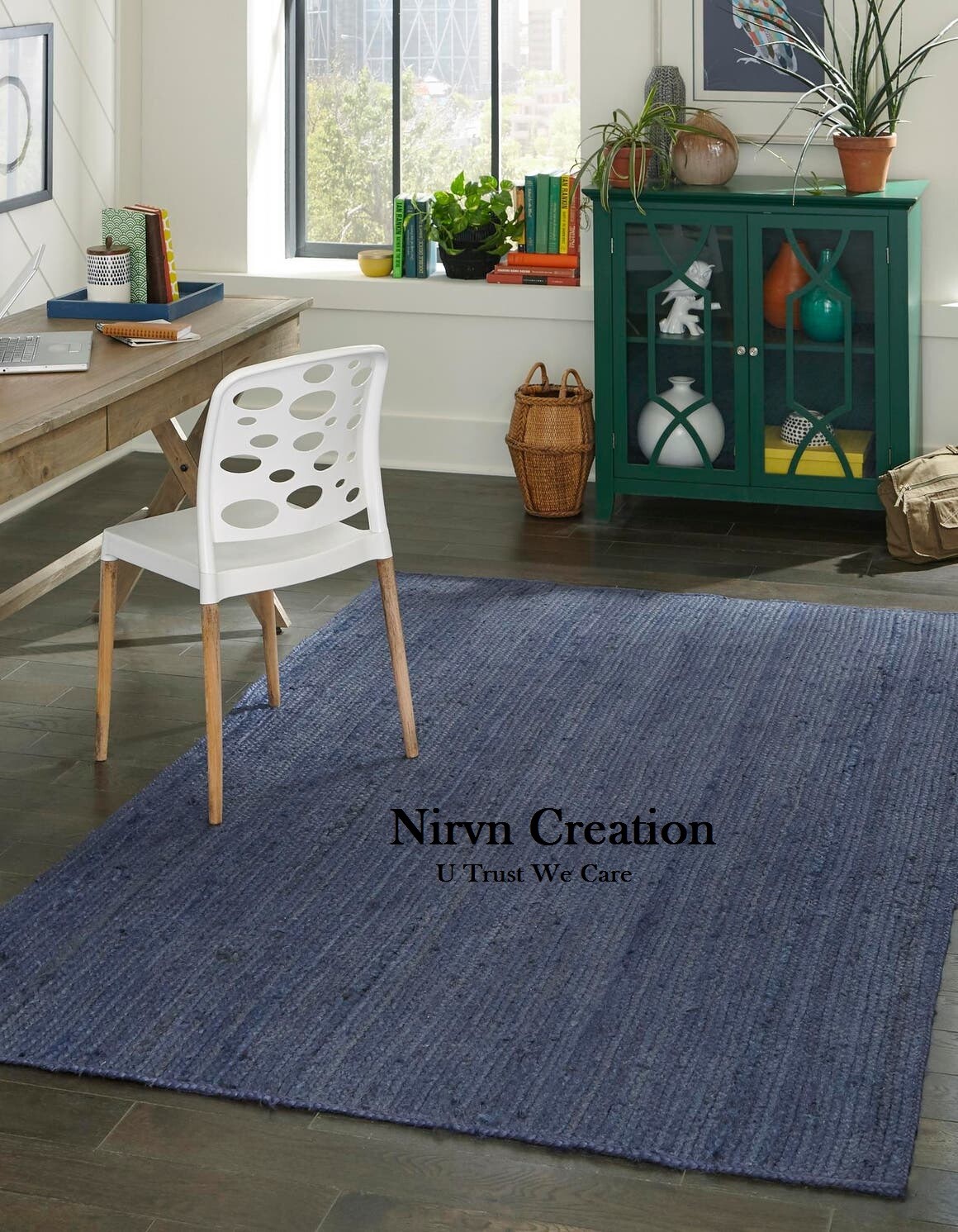Tappeto blu in juta fatto a mano dallo stile rustico