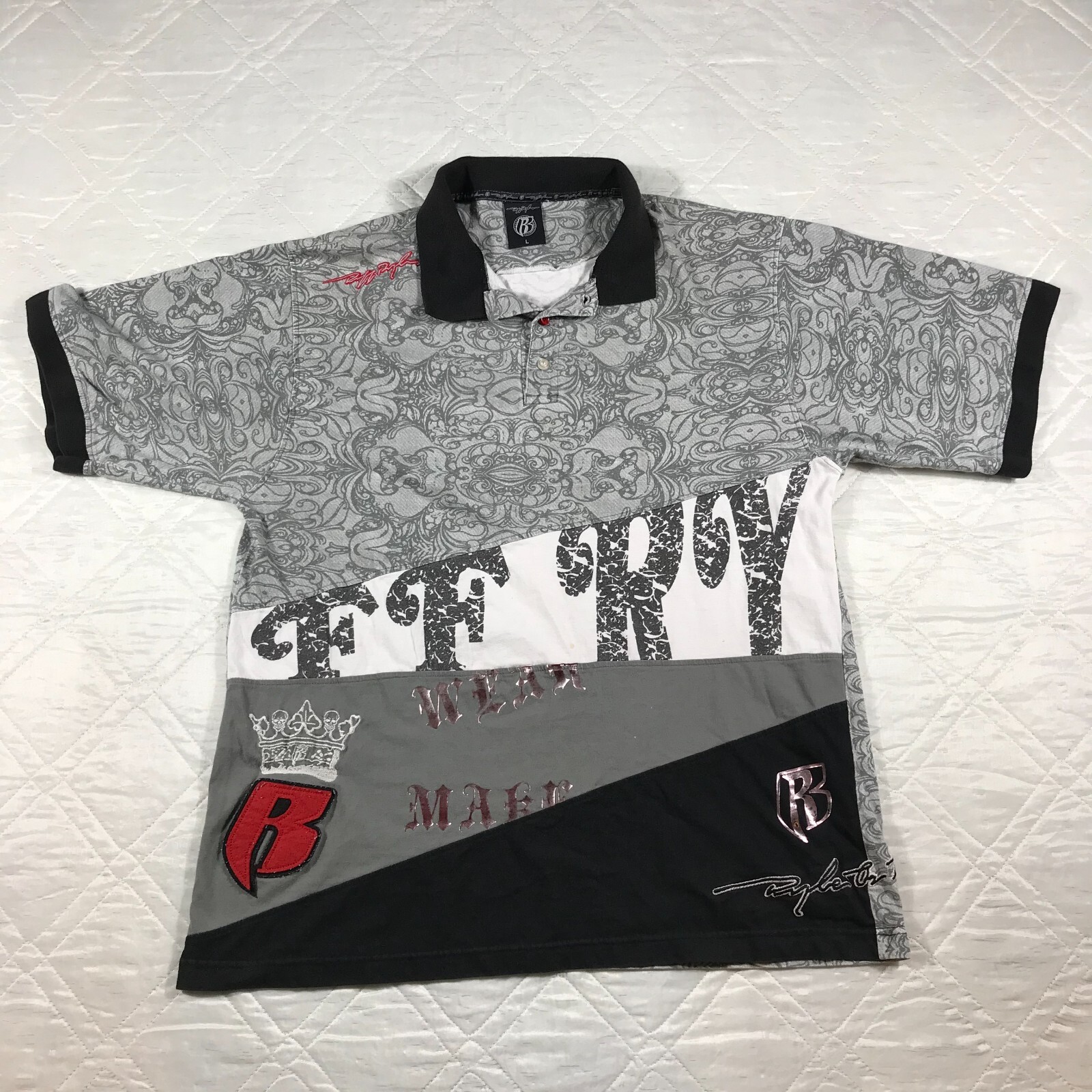 Vintage Ruff Ryders gray and black Polo shirt Large