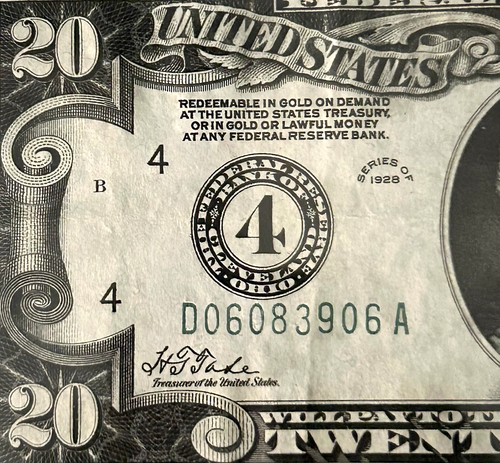 * 1928 $20 Bill Reedemable In Gold Note Rare Misaligned Serial Error * - Picture 2 of 4