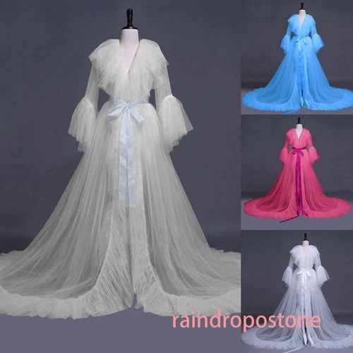 Women Fashion Sexy Tulle Robe Long Lingerie Nightgown Bathrobe Sleepwear Bridal