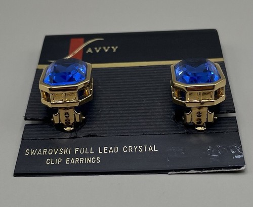 Savvy Swarovski Swan Women’s Clip Earrings Gold Plate Faceted Blue Crystal 0.75” - Picture 2 of 9