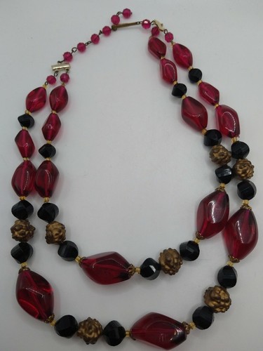 Vintage West Germany Dark Pink Black Gold Cluster Bead Double Strand Choker 16" - Picture 2 of 12