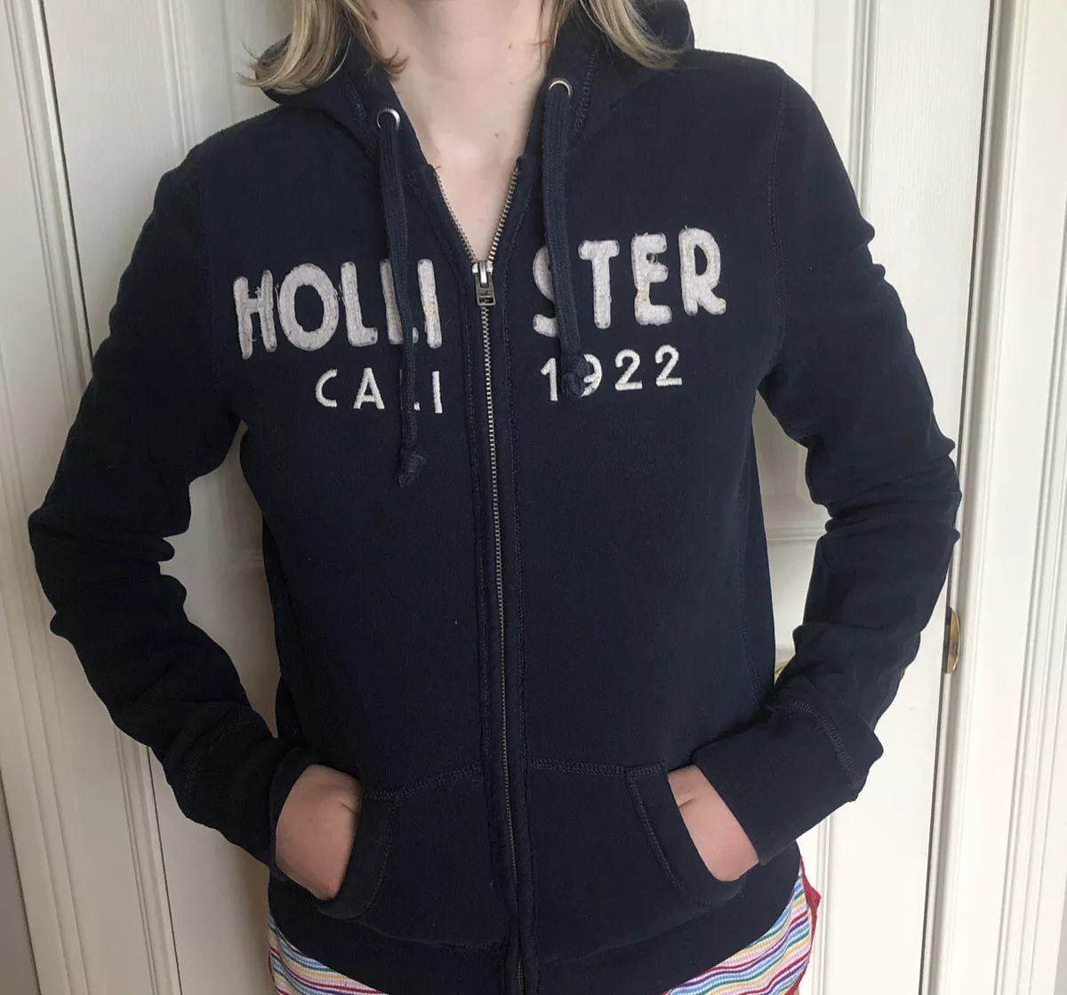 Hollister Womens Full Zip Hoodie Hooded Sweatshirt M Medium Navy Blue Cal  1922