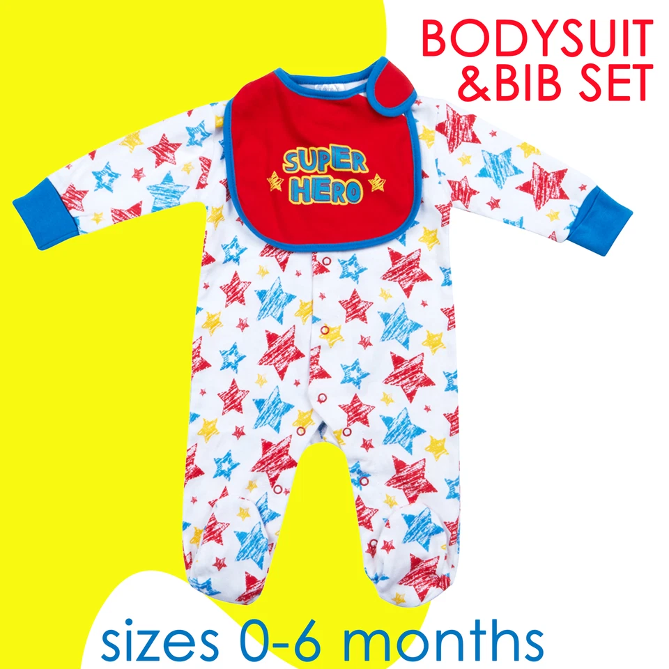 BABYTOWN Baby Boys Sleepsuit Newborn 0-3 3-6 Months Superhero Bib & Babygrow Playsuit NEW