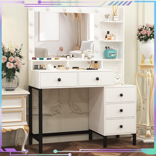 Modern Large Dressing Table with LED Lighted Makeup Mirror 5 Drawers & Shelves - Picture 5 of 9