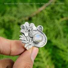 Sterling Silver Natural Rainbow Moonstone Solitaire Flower Bezel Ring Jewelry