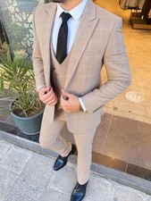 Stylish Mens 3 Piece Suit Check Plaid Peak Lapel Blazer Vest Trousers Formal Set