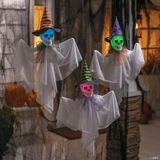 Animated 23 1/2" Hanging Light-Up Skeleton Face Ghosts with Witch Hats Prop Set