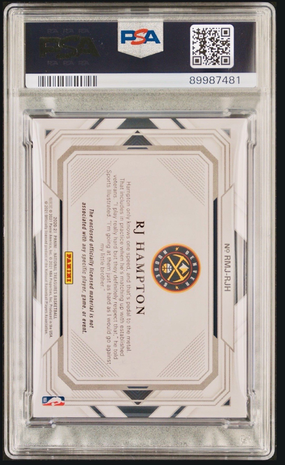 RJ Hampton 2020 National Treasures Rookie Jumbo Patch Super Prime 1/1 PSA 8 view 2