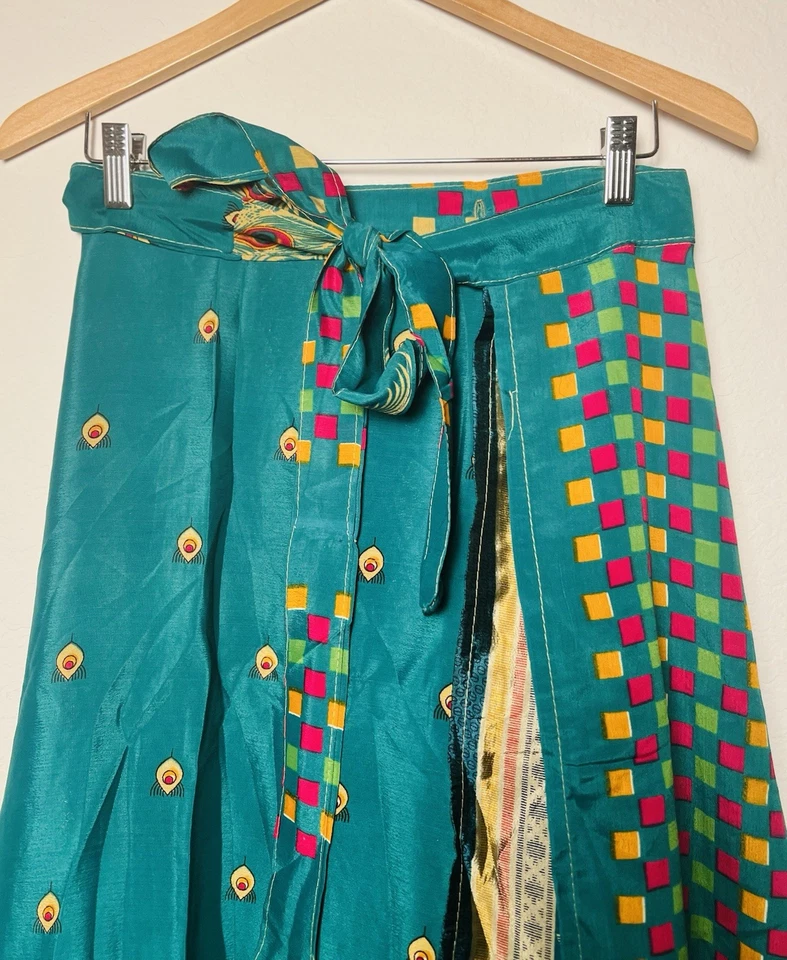 Recycled 100% Silk Maxi Wrap Skirt One Size Floral Emerald Green Gypsy Bohemian - Image 3 of 4
