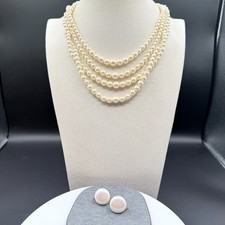 4 Strand Cream Faux Pearl Necklace Matching Earrings Gold Tone Heart Clasp Set