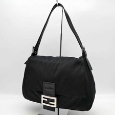 FENDI Mamma Baguette Schultertasche FF Logo Handtasche schwarz Baumwolle Lede...
