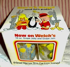 4 WELCH'S GRAPE JELLY GLASSES UNUSED New in ORIG SAMPLE BOX PROMO Bugs Bunny ETC