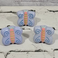 Handpainted Butterfly Drawer Pulls Knob Handles Purple Resin Lot Of 3