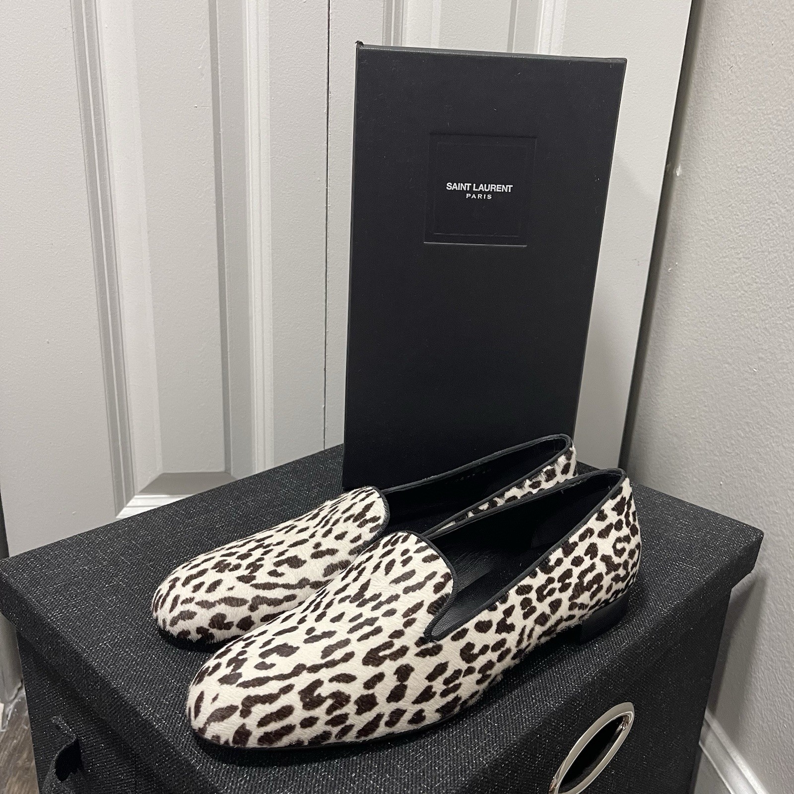 $890+ NUOVI mocassini Saint Laurent capelli di cavallo stampa animalier TG IT40 US 9 5 10