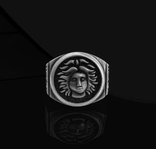 Medusa Oxidized Signet Ring 925 Sterling Silver Handcrafted Ring Duty Free