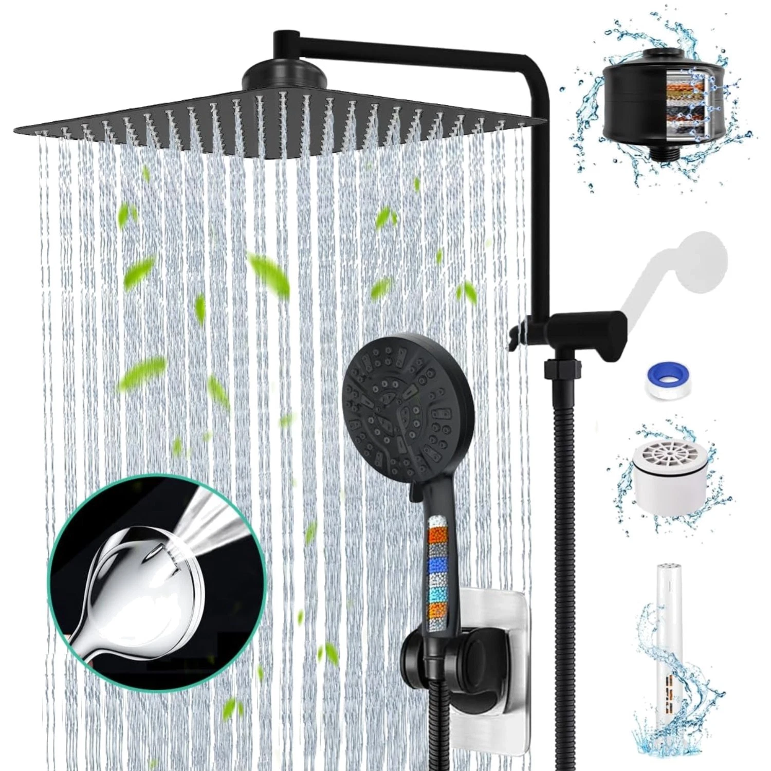 Matte Black Shower Head with Filters 12" Rain Shower Head with Handheld Spray...