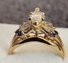 Victorian Antique Yellow 14K Gold +3/4K Marquise Diamond +6 Baggett +6 Saphires