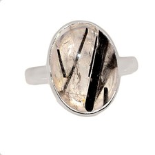 Natural Tourmalated Quartz / Black Rutile, Sri Lanka 925 Silver Ring s.8 CR75394