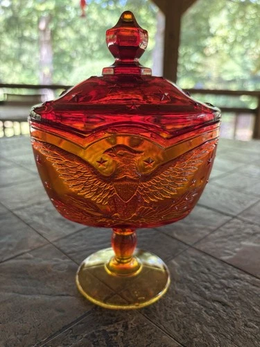 LE Smith Amberina Glass Federal Eagle & Stars  Oval Candy Dish With Lid Vintage