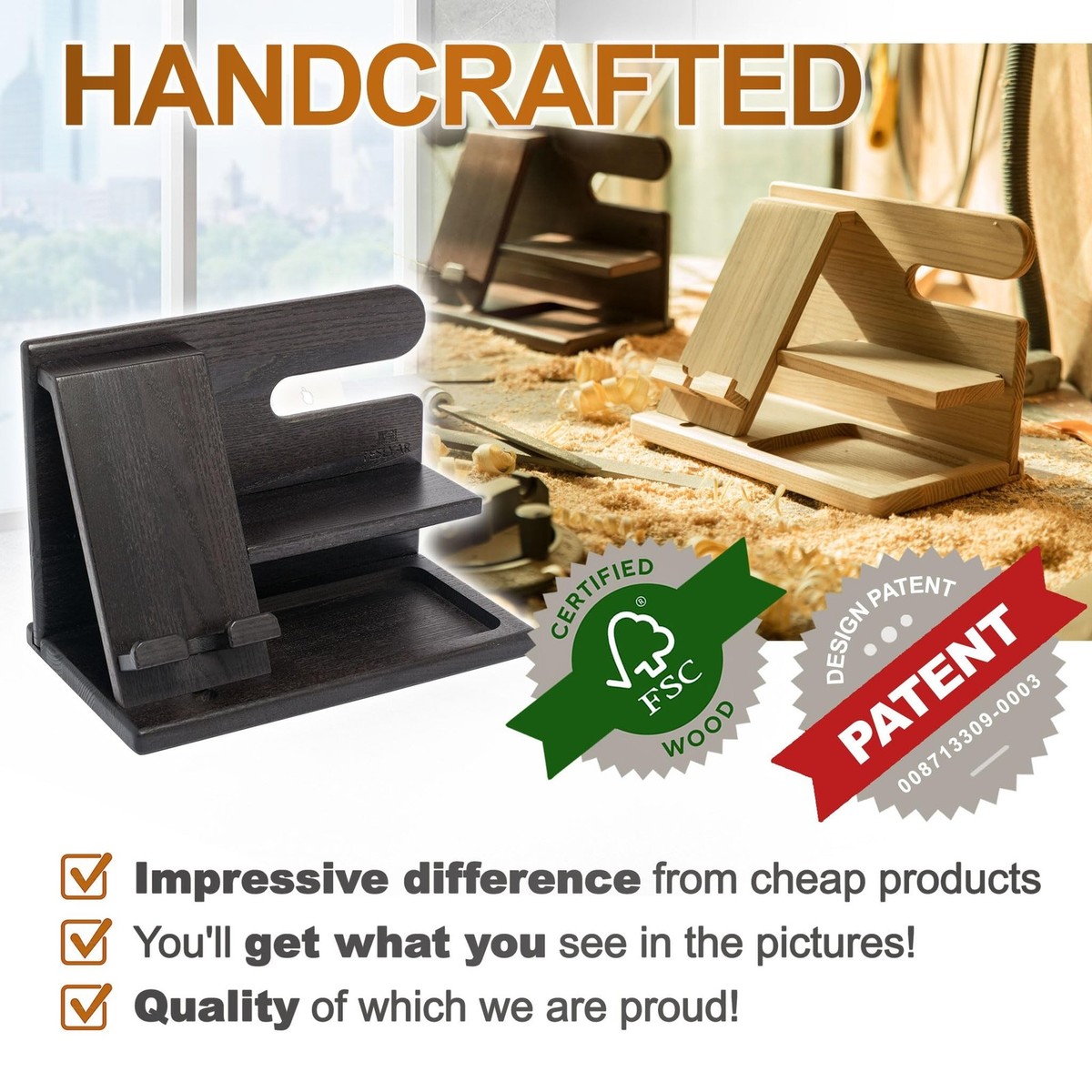 TESLYAR Hout telefoonhouder as portemonnee en horloges Kerstmis geschenken voor mannen horloge organizer horloge organizer cadeau man vrouw verjaardag zwarte as (zwart