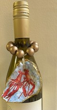 Decoupage Oyster Shell Ornament Wine Charm Stocking Stuffer Gift Lobster Coastal