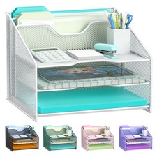 White Desk File Organizer, Mesh Letter File Folder Holder with 3 Paper Trays ...
