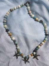 Beautiful Starfish Glass Bead Necklace Beach Themed Jewelry Silver Toned