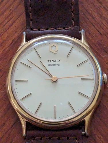 Ladies Vintage 1992 TIMEX Beige Tone Quartz Watch, Braided Leather Band, 32.5 mm