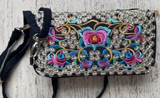 Colorful Ladies Embroidered Wallet Phone Case Adjustable Strap Zippered