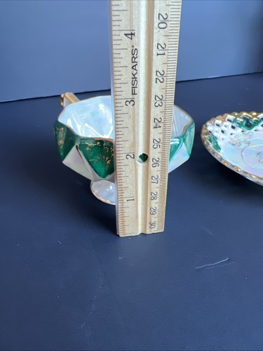 Vintage Lusterware Green White Gold Iridescent Honeycomb Tea Cup And Saucer EUC - Picture 9 of 10