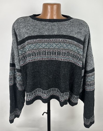Vintage 90s Cropped Ski Sweater MENS XL Relaxed Heather Gray Geometric Slouchy