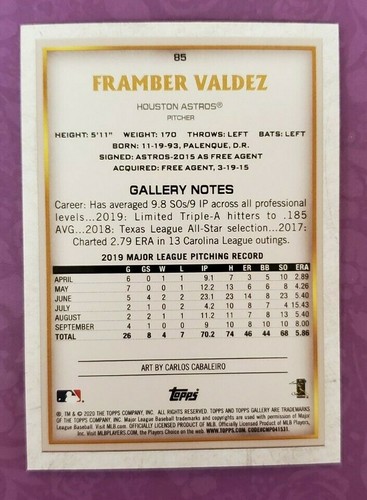 2020 Topps Gallery #85 Framber Valdez Houston Astros Baseball Card - PC Quality - Picture 2 of 2