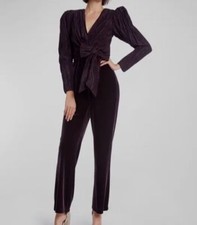  595 Badgley Mischka Womens Purple Velour Crinkled Belted Waist Jumpsuit Size2