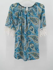 WIN WIN Tunic Dress Beach CoverUp Women S-M Blue Paisley 1/2 Sleeve Lace Stretch
