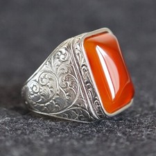 Silver Men's Carnelian Ring Solid 925 Sterling Silver natural Aqeeq stone US11