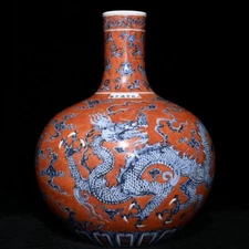 16.7"Old Antique Porcelain xuande mark Blue white cloud Dragon Tianqiu vase