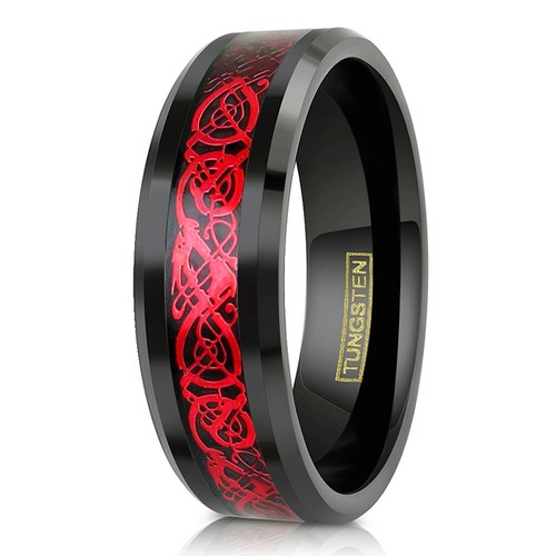 Queenwish 8mm Black Tungsten Men's Ring - Celtic Dragon Wedding Band With Blue Carbon Fiber Inlay, Sizes 6-14