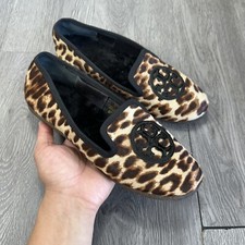 TORY BURCH Leopard Print Calf Hair House Shoes / Slippers Real Fur Lined US Sz 8
