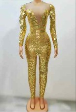 Women Full Mirrors Long Sleeves Transparent Jumpsuit Costume Bodysuit Stage Wear