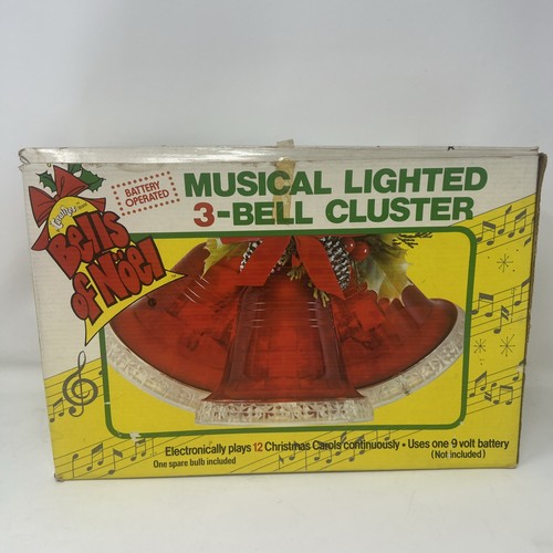 Vintage Carolitas Campanas de Noel Musical Iluminado 3 Campanas Rojo Racimo Navidad - Imagen 6 de 7