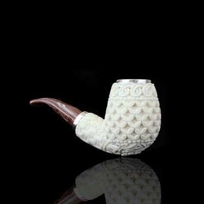 Ornate  Bent Egg Pipe Reverse Calabash  new-block Meerschaum Handmade Case#1916