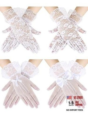 4 Pairs Kids Lace Gloves White Tea Party Gloves for Little Girls Bow Short