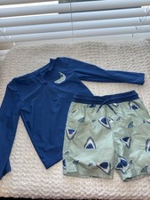 Boys Shark Print Swim Trunks Blue/Light Green Elastic Waist Drawstring