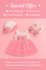 Handmade Crochet Baby Girl Dress Set Pink Frock Hat Shoes Headband Gift pink