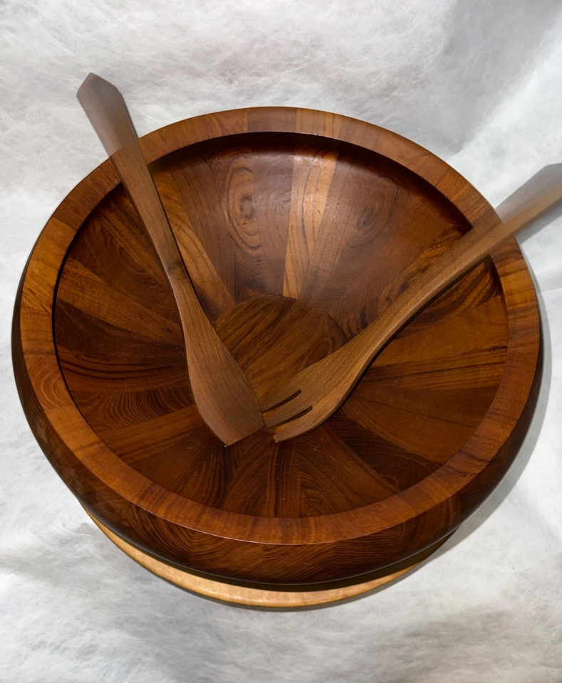 A complete staved teak salad bowl with tongs signed IHQ by Jens Quistgaard for Dansk — the holy grail of MCM wooden serveware.