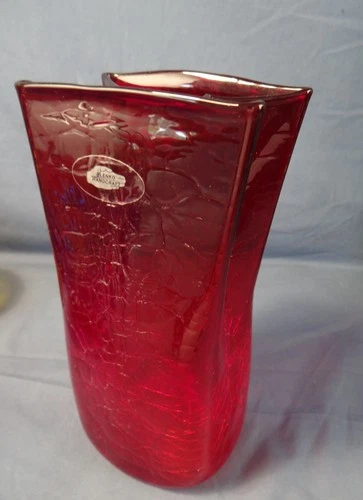 BLENKO Art Glass GROCERY BAG VASE IN RUBY RED CRACKLE 8.5"
