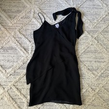 Halston Heritage One Shoulder 100% Silk Black Mini Cocktail Dress Size 4