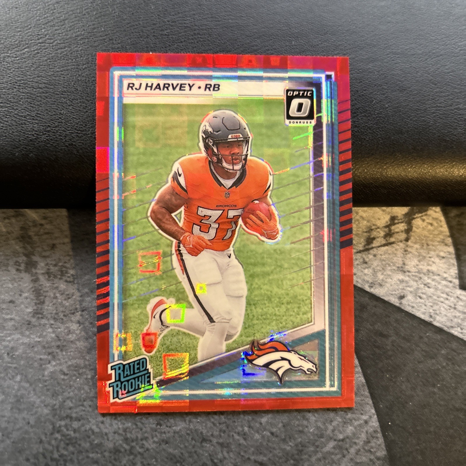 RJ Harvey, 2025 Donruss #312 Optic Preview Red Pandora Prizm Rated Rookie RC